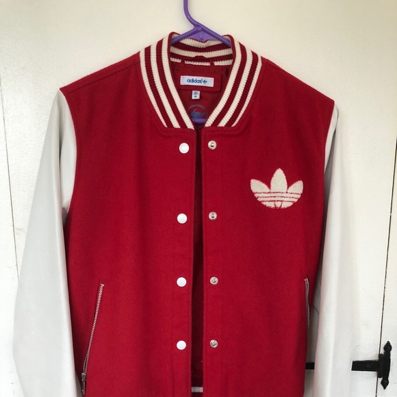 women's red and white adidas jacket